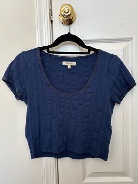Madewell Cotton Blend Pointelle Scoop Neck Crop Tee with Lace Detailing